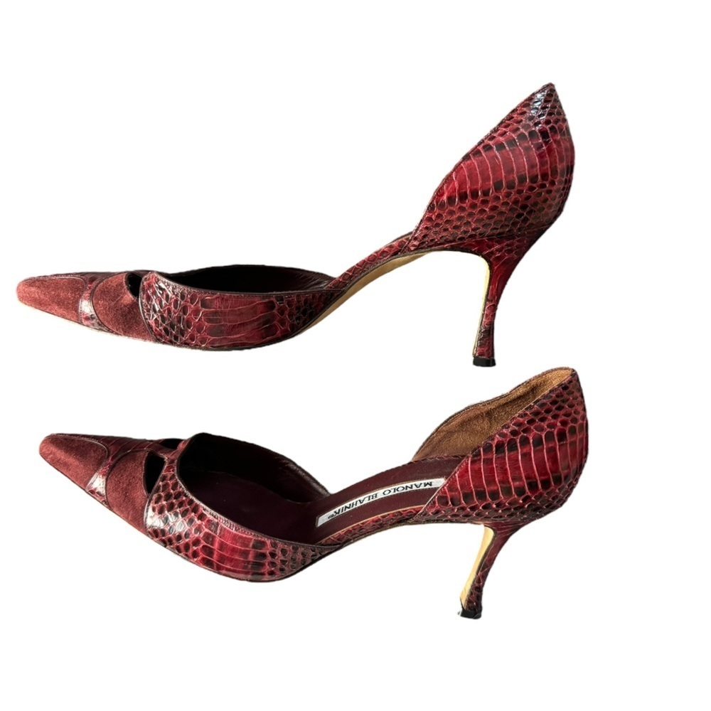 MANOLO BLAHNIK Burgundy D’Orsay Heels Pumps with Suede, Crocodile, Size 8 US​​​ - Picture 6 of 11